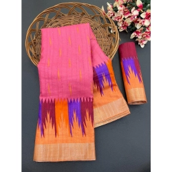 Generic Women's Cotton Blend Printed Saree With Unstitched Blouse (Pink, 5-5 Mtrs)