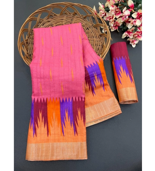 Generic Women's Cotton Blend Printed Saree With Unstitched Blouse (Pink, 5-5 Mtrs)