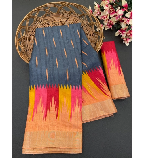 Generic Women's Cotton Blend Printed Saree With Unstitched Blouse (Black, 5-5 Mtrs)