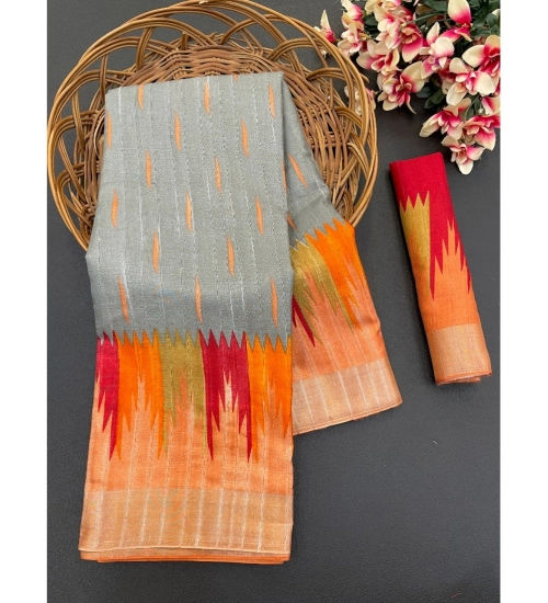 Generic Women's Cotton Blend Printed Saree With Unstitched Blouse (Grey, 5-5 Mtrs)