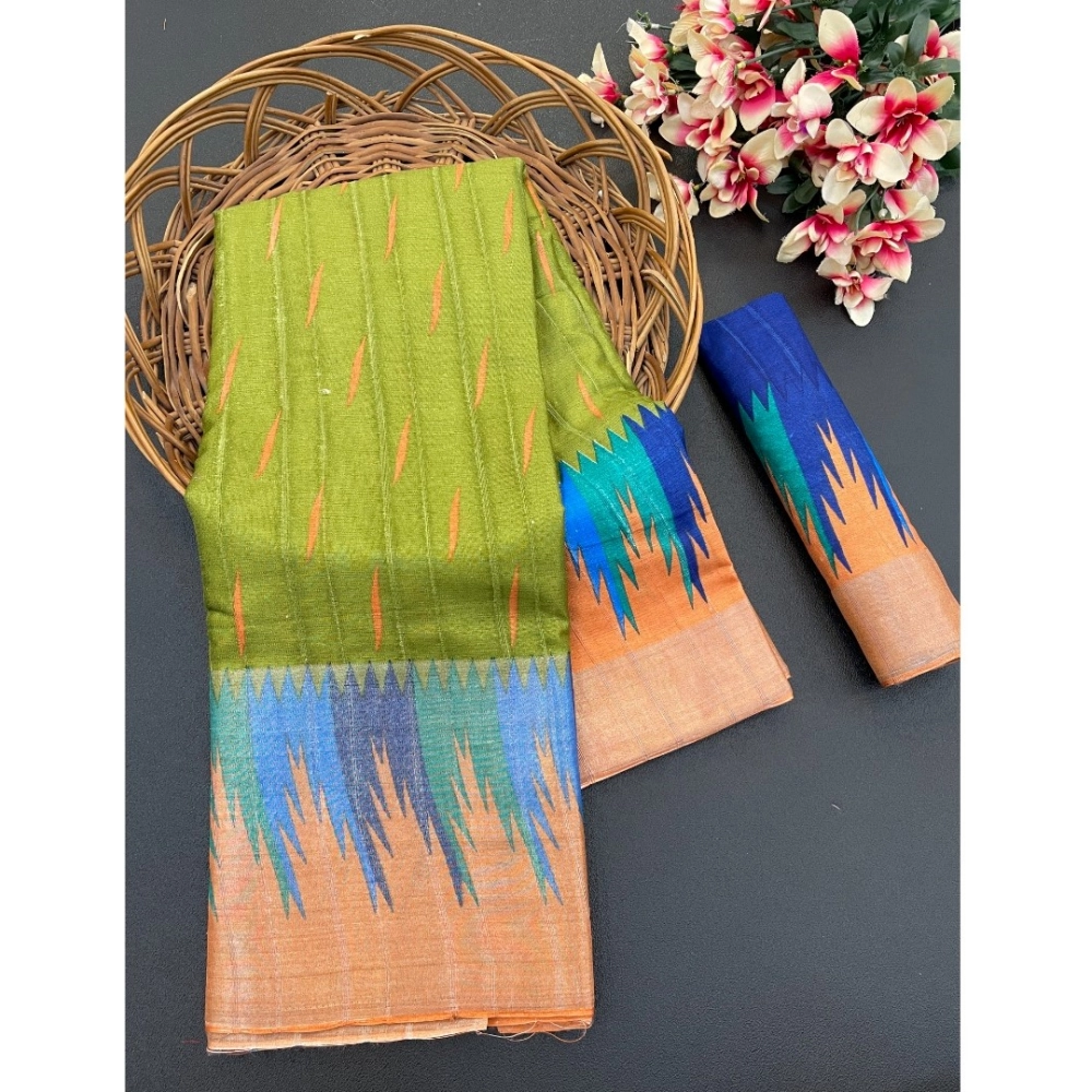 Generic Women's Cotton Blend Printed Saree With Unstitched Blouse (Dark Green, 5-5 Mtrs)