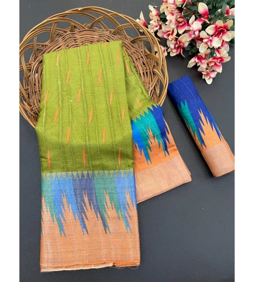 Generic Women's Cotton Blend Printed Saree With Unstitched Blouse (Dark Green, 5-5 Mtrs)