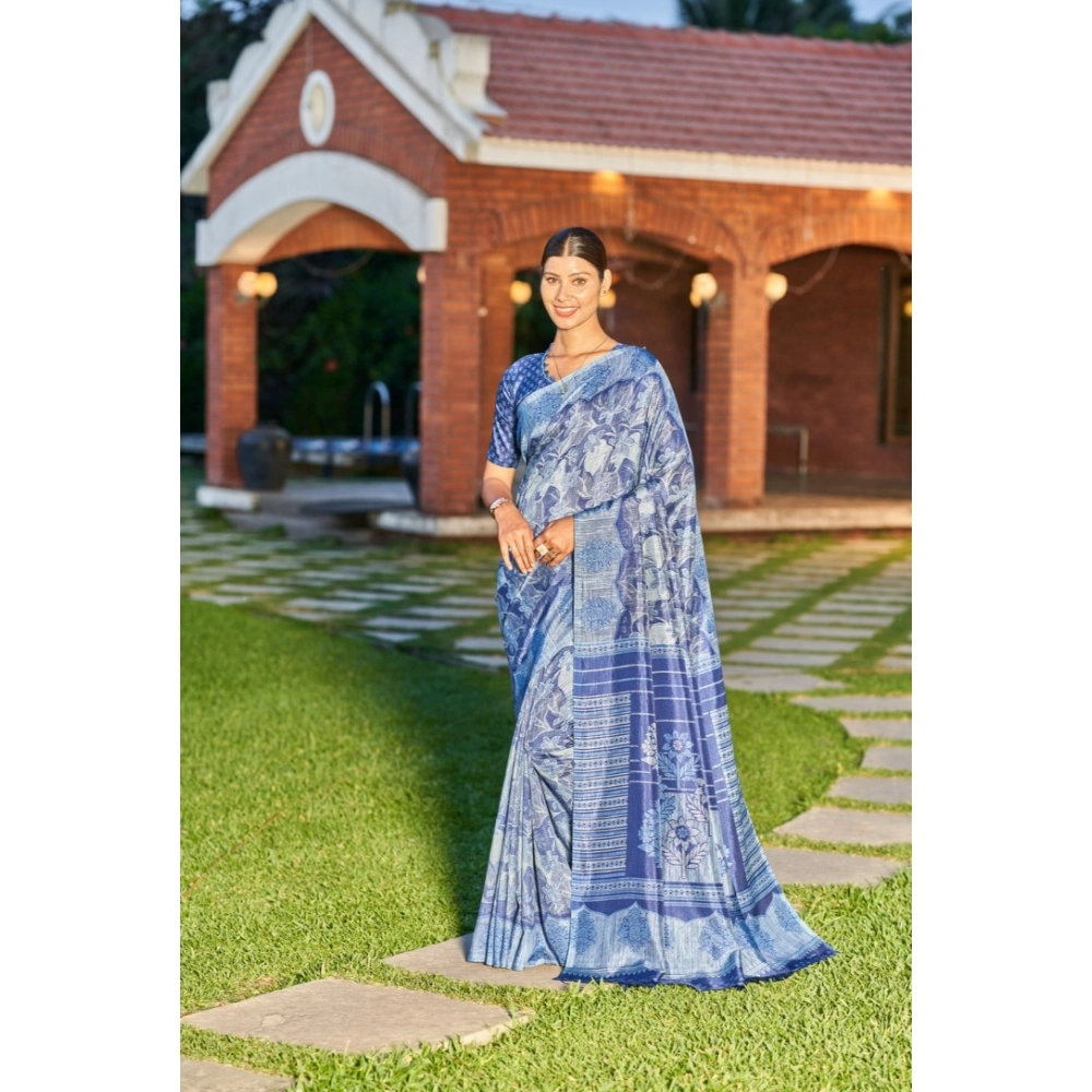 Generic Women's Crepe Printed Saree With Unstitched Blouse (Dark Blue, 5-5 Mtrs)