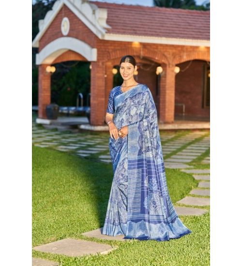 Generic Women's Crepe Printed Saree With Unstitched Blouse (Dark Blue, 5-5 Mtrs)