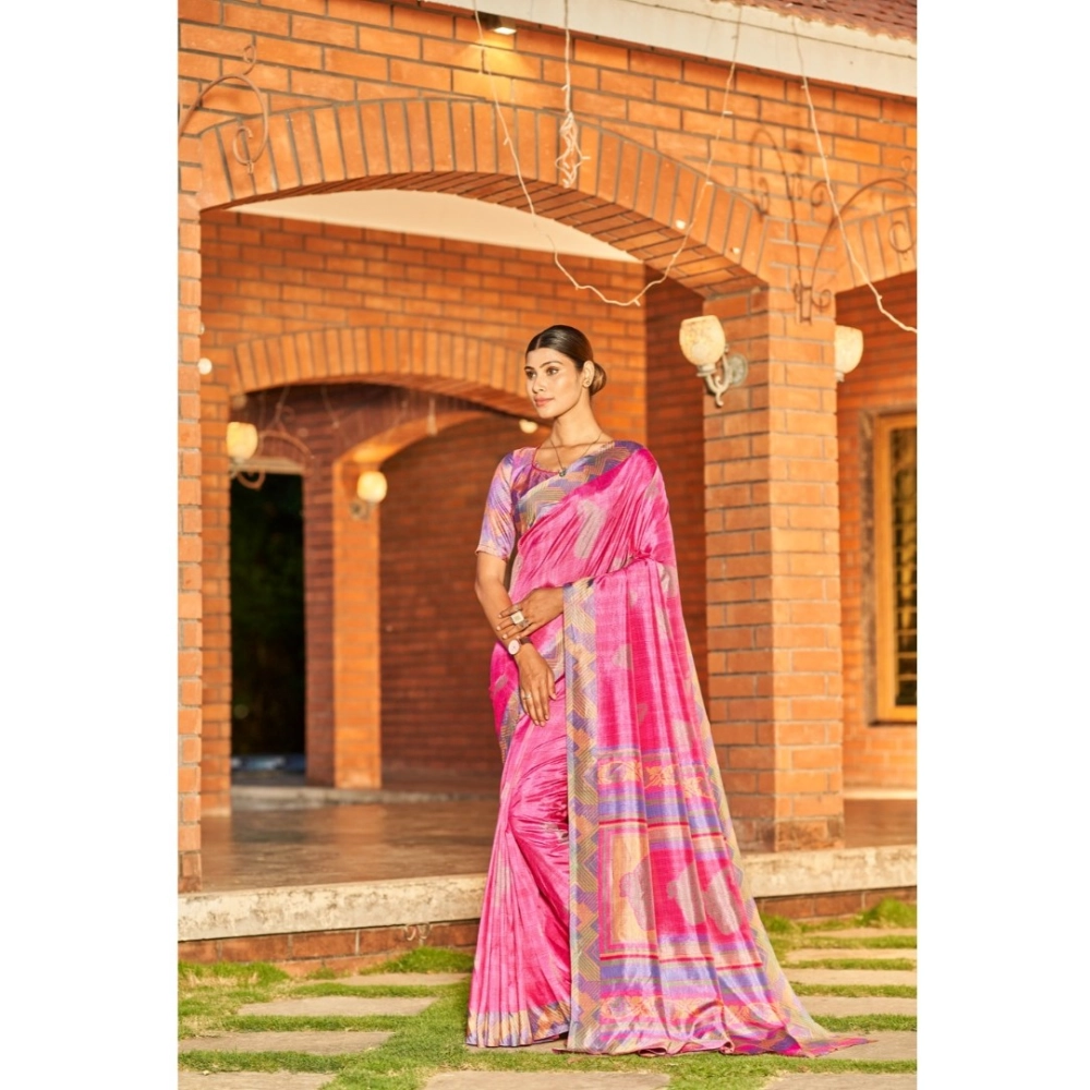 Generic Women's Crepe Printed Saree With Unstitched Blouse (Cream, 5-5 Mtrs)
