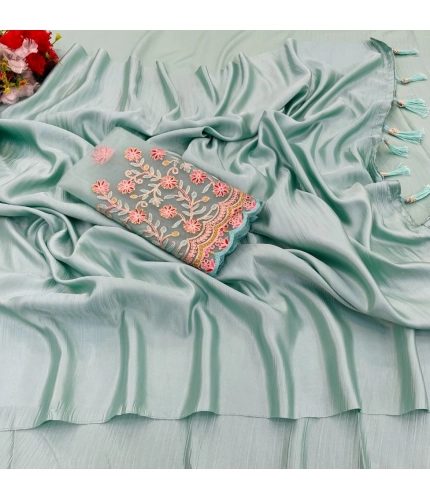 Generic Women's Satin Solid Saree With Unstitched Blouse (Skyblue, 5-5 Mtrs)