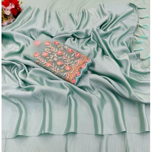 Women's Satin Solid Saree With Unstitched Blouse (Skyblue, 5-5 Mtrs)