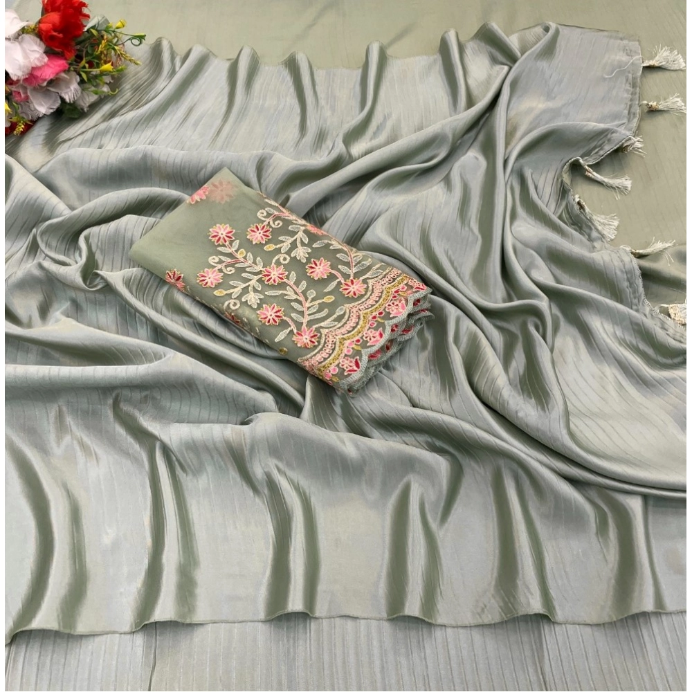 Generic Women's Satin Solid Saree With Unstitched Blouse (Grey, 5-5 Mtrs) Generic Women's Satin Solid Saree With Unstitched Blouse (Grey, 5-5 Mtrs)