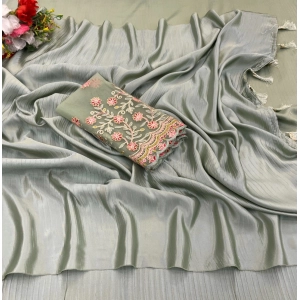 Generic Women's Satin Solid Saree With Unstitched Blouse (Grey, 5-5 Mtrs)