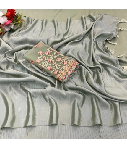 Generic Women's Satin Solid Saree With Unstitched Blouse (Grey, 5-5 Mtrs)