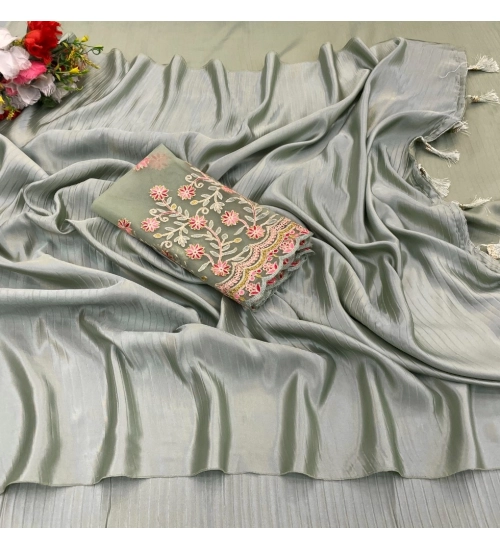 Generic Women's Satin Solid Saree With Unstitched Blouse (Grey, 5-5 Mtrs)