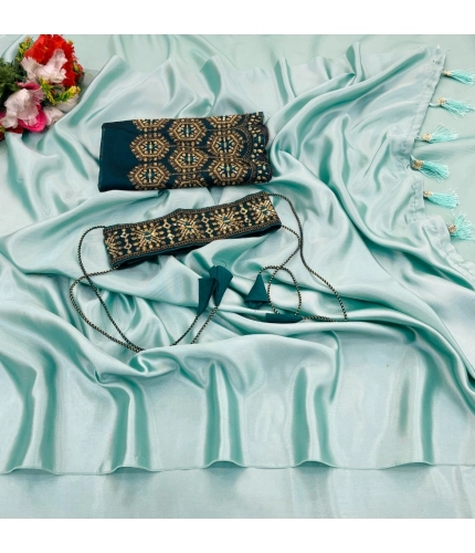 Generic Women's Satin Solid Saree With Unstitched Blouse (Skyblue, 5-5 Mtrs)