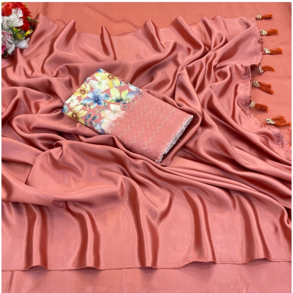 Generic Women's Satin Solid Saree With Unstitched Blouse (Orange, 5-5 Mtrs)