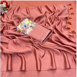 Generic Women's Satin Solid Saree With Unstitched Blouse (Orange, 5-5 Mtrs)