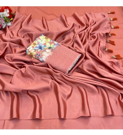 Generic Women's Satin Solid Saree With Unstitched Blouse (Orange, 5-5 Mtrs)