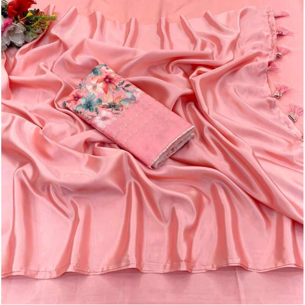 Generic Women's Satin Solid Saree With Unstitched Blouse (Peach, 5-5 Mtrs)