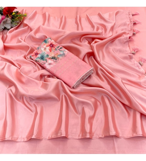 Generic Women's Satin Solid Saree With Unstitched Blouse (Peach, 5-5 Mtrs)