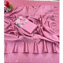 Generic Women's Satin Solid Saree With Unstitched Blouse (Pink, 5-5 Mtrs)