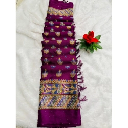 Generic Women's Silk Blend Printed Saree With Unstitched Blouse (Wine, 5-5 Mtrs)