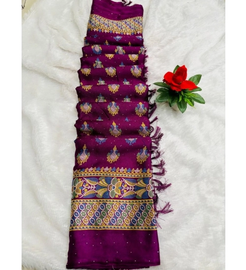 Generic Women's Silk Blend Printed Saree With Unstitched Blouse (Wine, 5-5 Mtrs)