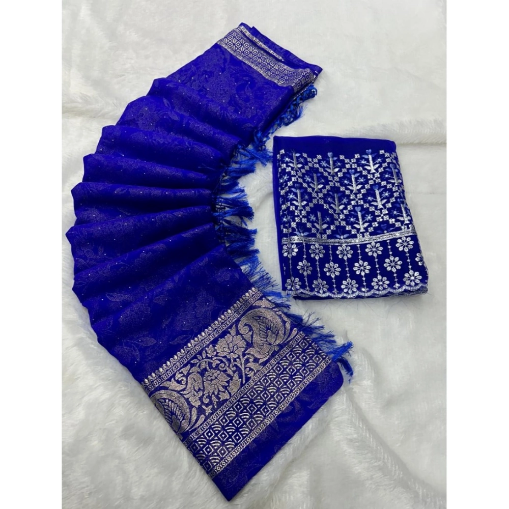 Generic Women's Georgette Printed Saree With Unstitched Blouse (Blue, 5-5 Mtrs)