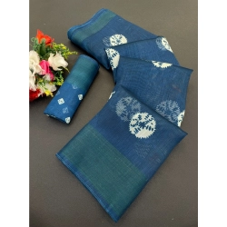 Generic Women's Cotton Blend Printed Saree With Unstitched Blouse (Blue, 5-5 Mtrs)