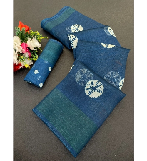 Generic Women's Cotton Blend Printed Saree With Unstitched Blouse (Blue, 5-5 Mtrs)