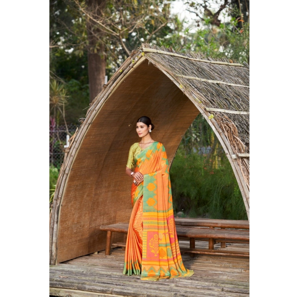 Generic Women's Crepe Printed Saree With Unstitched Blouse (Mustard, 5-5 Mtrs)