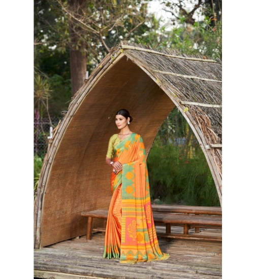 Generic Women's Crepe Printed Saree With Unstitched Blouse (Mustard, 5-5 Mtrs)