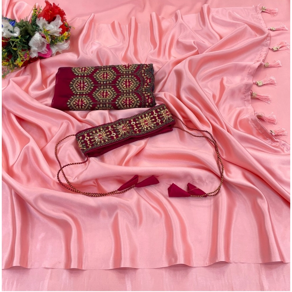 Generic Women's Satin Solid Saree With Unstitched Blouse (Pink, 5-5 Mtrs) Generic Women's Satin Solid Saree With Unstitched Blouse (Pink, 5-5 Mtrs)