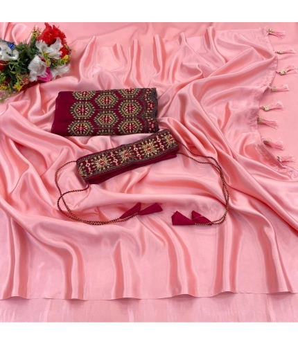Generic Women's Satin Solid Saree With Unstitched Blouse (Pink, 5-5 Mtrs)