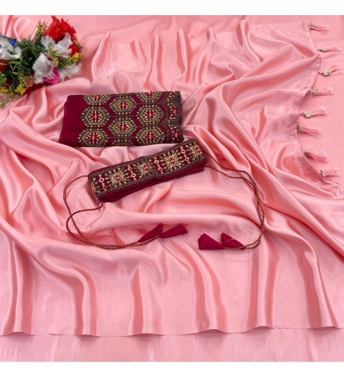 Generic Women's Satin Solid Saree With Unstitched Blouse (Pink, 5-5 Mtrs)
