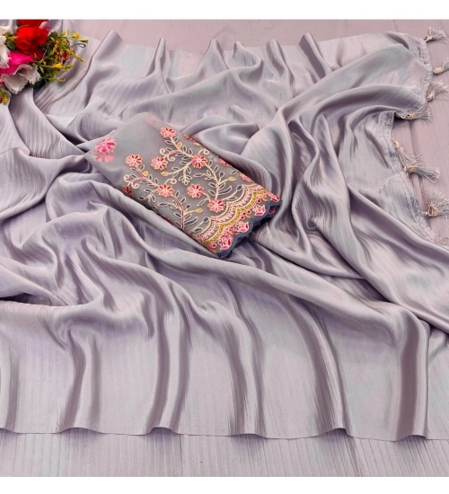 Generic Women's Satin Solid Saree With Unstitched Blouse (Purple, 5-5 Mtrs)