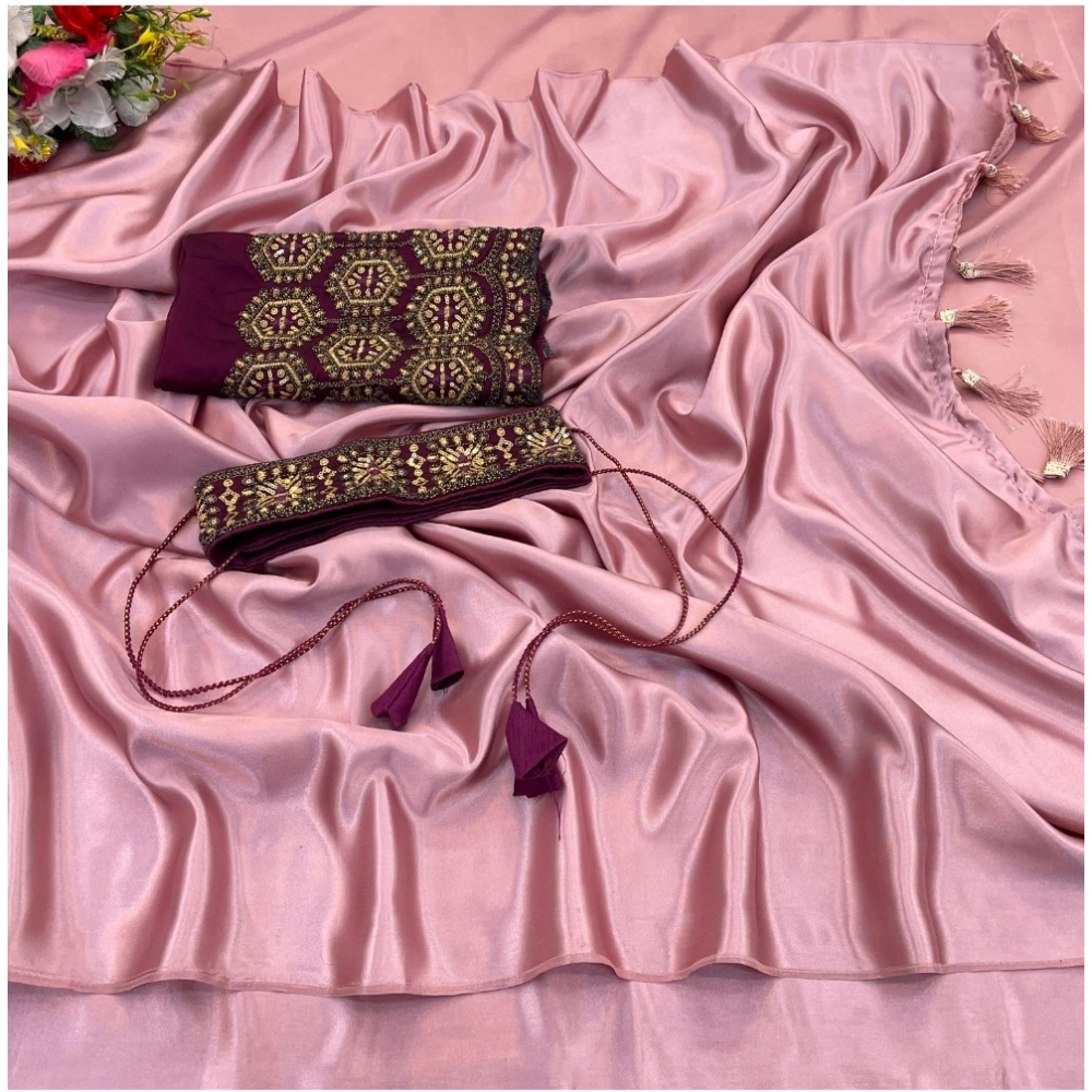 Generic Women's Satin Solid Saree With Unstitched Blouse (Wine, 5-5 Mtrs) Generic Women's Satin Solid Saree With Unstitched Blouse (Wine, 5-5 Mtrs)