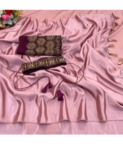 Generic Women's Satin Solid Saree With Unstitched Blouse (Wine, 5-5 Mtrs)