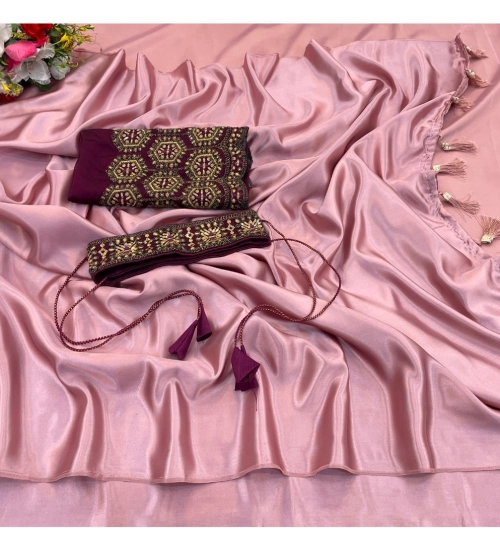 Generic Women's Satin Solid Saree With Unstitched Blouse (Wine, 5-5 Mtrs)