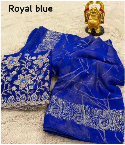 Generic Women's Georgette Printed Saree With Unstitched Blouse (Blue, 5-5 Mtrs)