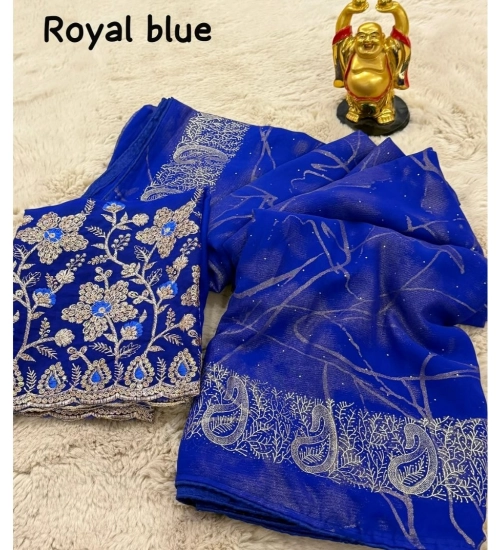Generic Women's Georgette Printed Saree With Unstitched Blouse (Blue, 5-5 Mtrs)