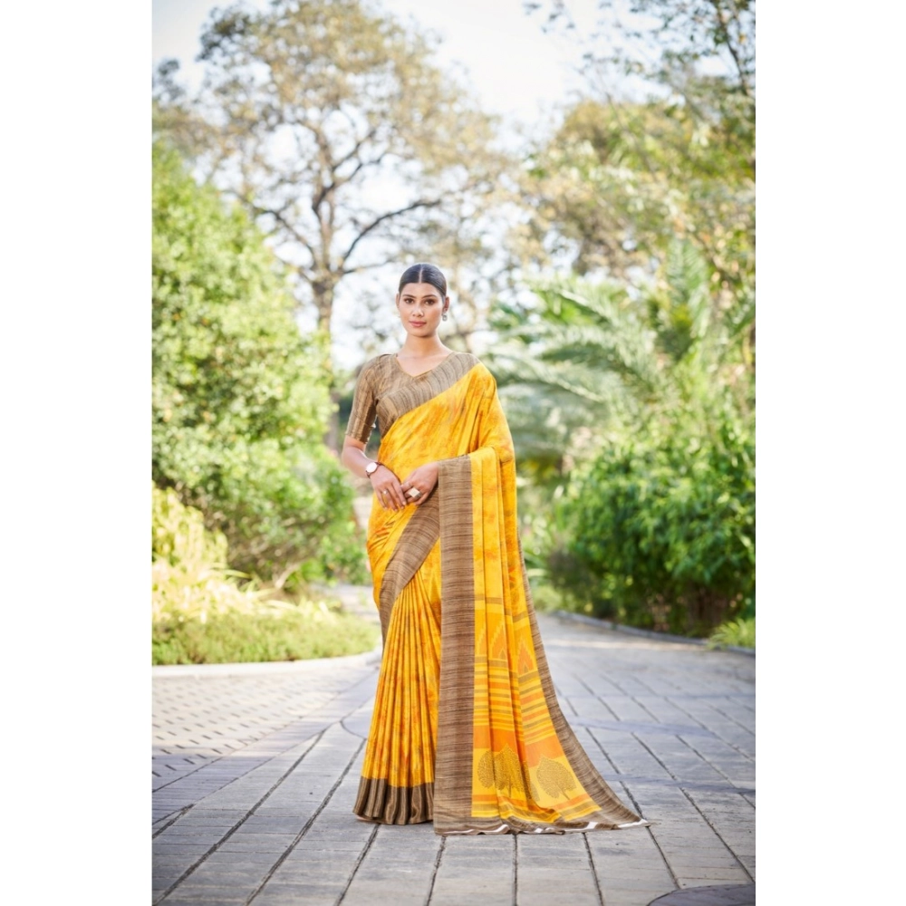 Generic Women's Crepe Printed Saree With Unstitched Blouse (Yellow, 5-5 Mtrs)