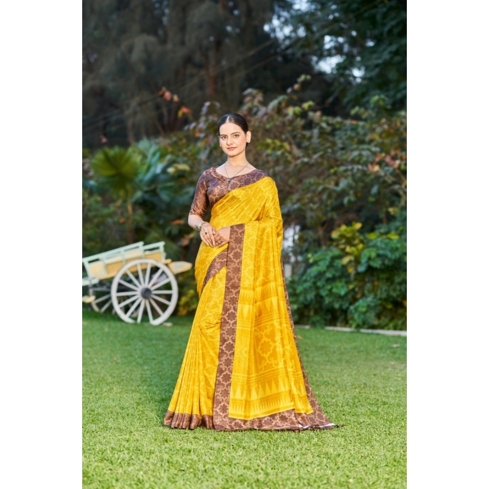 Generic Women's Crepe Printed Saree With Unstitched Blouse (Yellow, 5-5 Mtrs)