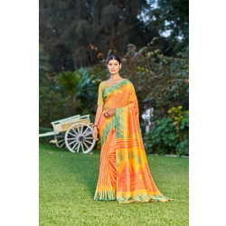 Generic Women's Crepe Printed Saree With Unstitched Blouse (Orange, 5-5 Mtrs)