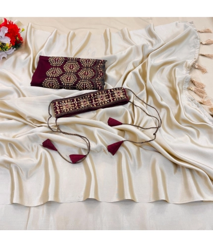 Generic Women's Satin Solid Saree With Unstitched Blouse (Begie, 5-5 Mtrs)