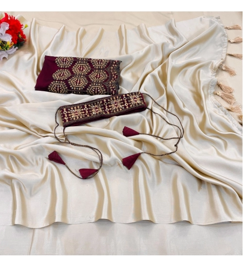 Generic Women's Satin Solid Saree With Unstitched Blouse (Begie, 5-5 Mtrs)