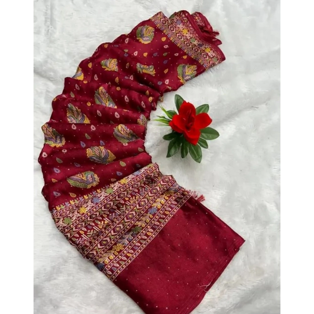 Generic Women's Chiffon Printed Saree With Unstitched Blouse (Red, 5-5 Mtrs)