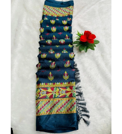 Generic Women's Silk Blend Printed Saree With Unstitched Blouse (Teal, 5-5 Mtrs)