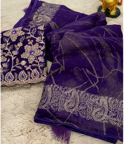 Generic Women's Georgette Printed Saree With Unstitched Blouse (Purple, 5-5 Mtrs)