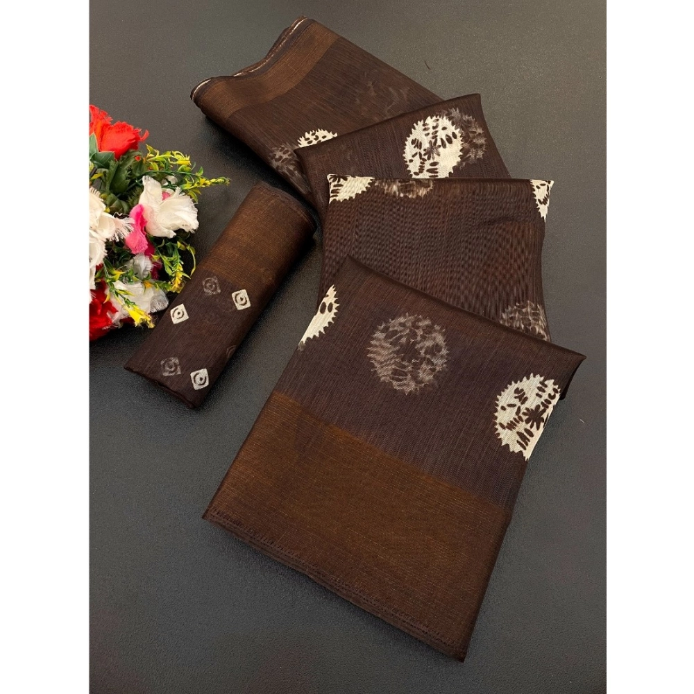 Generic Women's Cotton Blend Printed Saree With Unstitched Blouse (Brown, 5-5 Mtrs)