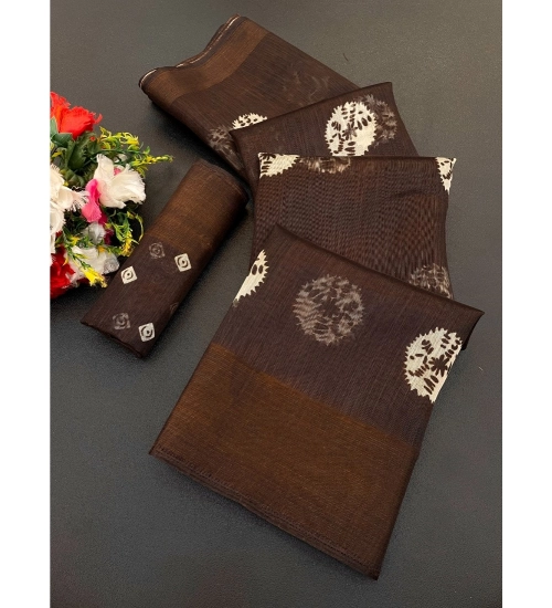 Generic Women's Cotton Blend Printed Saree With Unstitched Blouse (Brown, 5-5 Mtrs)