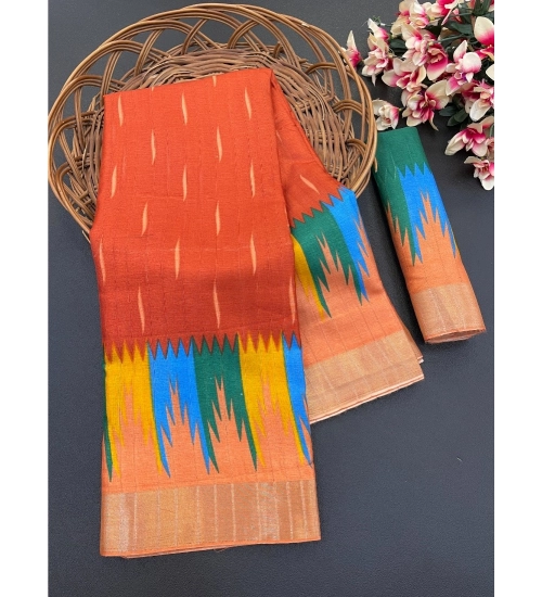 Generic Women's Cotton Blend Printed Saree With Unstitched Blouse (Red, 5-5 Mtrs)