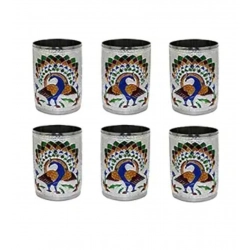 Generic Steel Meenakari Peacock Design Decorative Glass Set (Silver)